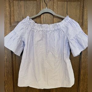 Kate Spade Blue and White Striped Off-Shoulder Ruffle Blouse